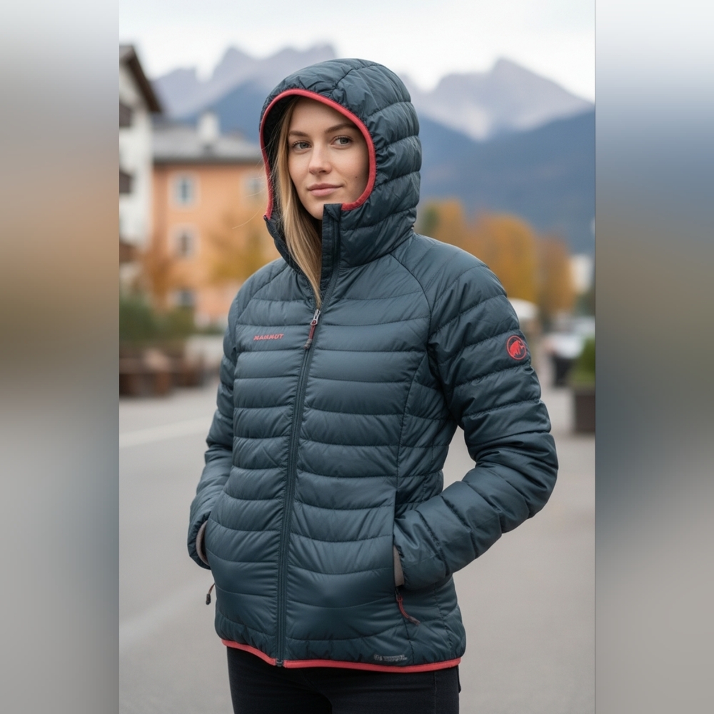 Mammut Women’s Down Jacket 650+ Fill Hooded Puffer Teal Blue Size Large